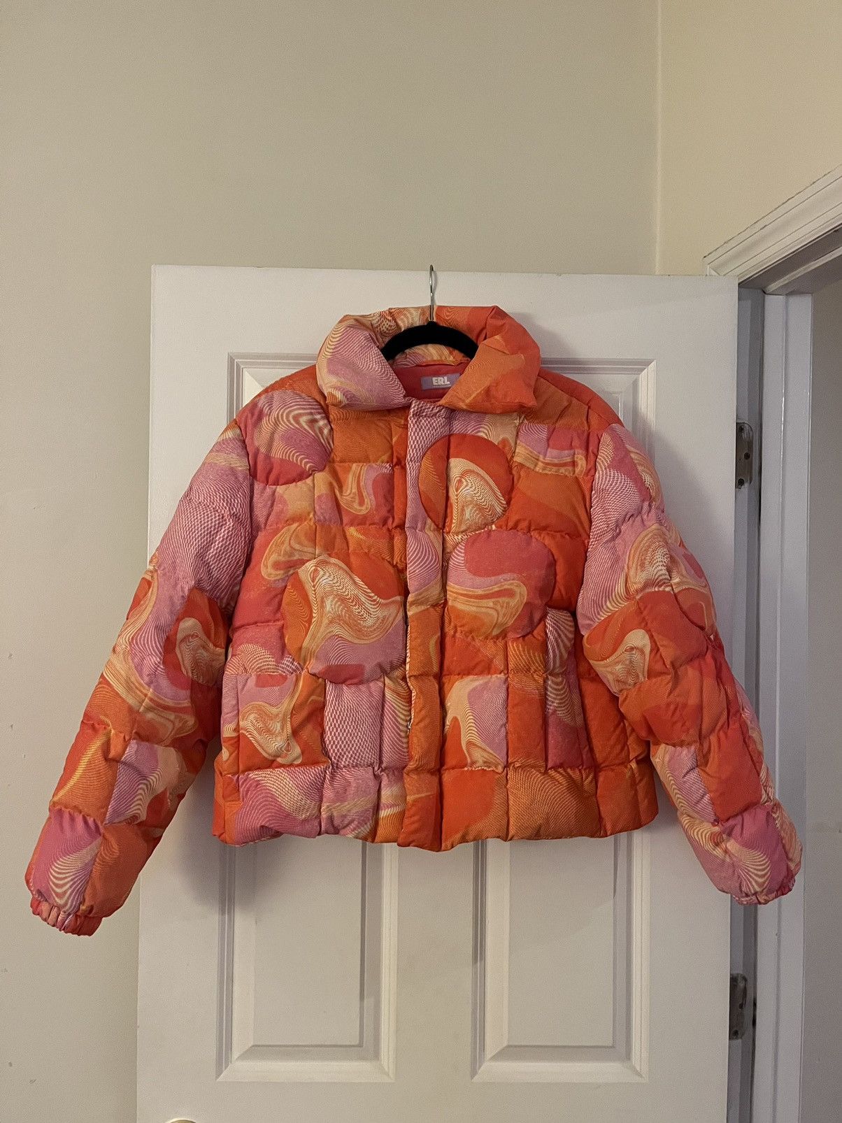 image of Erl Abstract Puffer Jacket in Pink, Men's (Size Small)