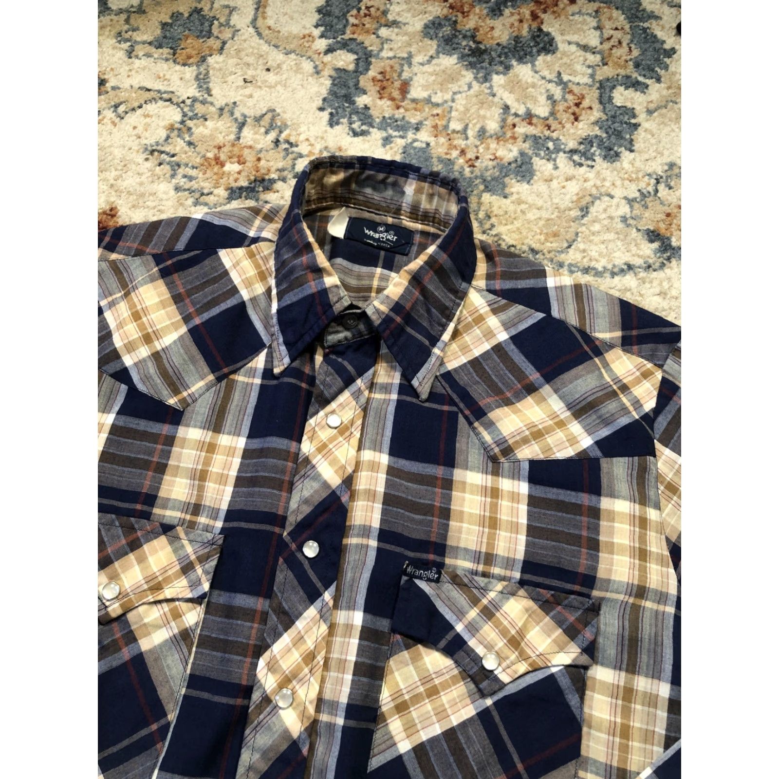 Wrangler VINTAGE Wrangler Shirt Mens Medium Blue Tan Plaid Pearl Snap Western Rodeo 90s Size US M / EU 48-50 / 2 - 7 Thumbnail