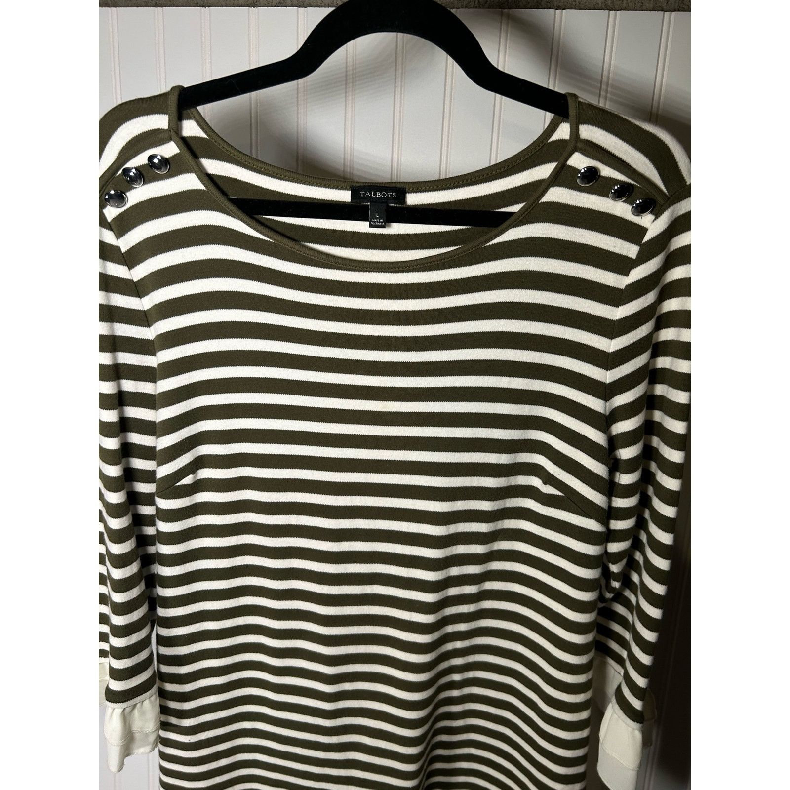 Robert Talbott Talbots Olive Green & Ivory Striped Dress W/Ruffled Size L Size L / US 10 / IT 46 - 3 Thumbnail