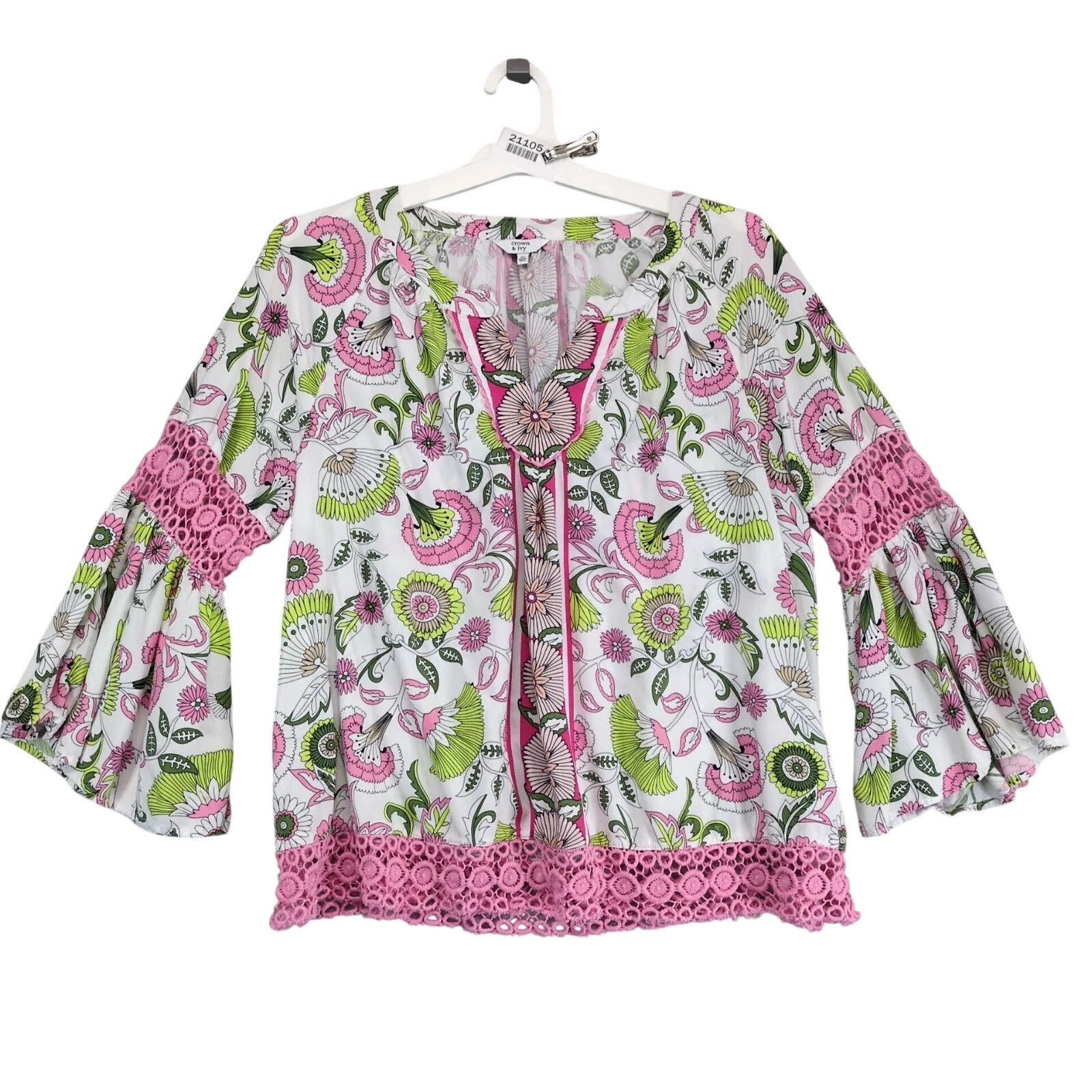 Other Crown & Ivy Pink Floral Print Crochet Bell Sleeve Blouse XL Size XL / US 12-14 / IT 48-50 - 1 Thumbnail