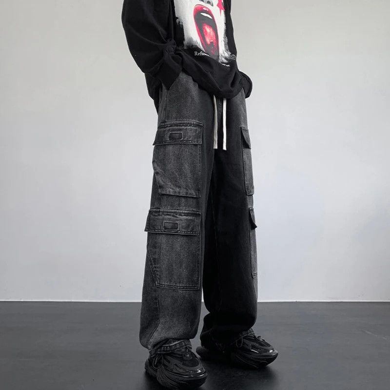 Street Male Distressed Jeans Lace Up Pocket Solid Color