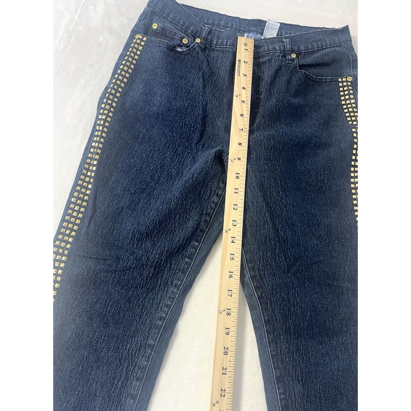 Denime DG2 by Diane Gilman Women's Blue Denim Jeans Dark Wash Gold Stone Size 10 Regular 5-Pocket Tapered Metal Accents Shirt? Size 32" / US 10 / IT 46 - 3 Thumbnail