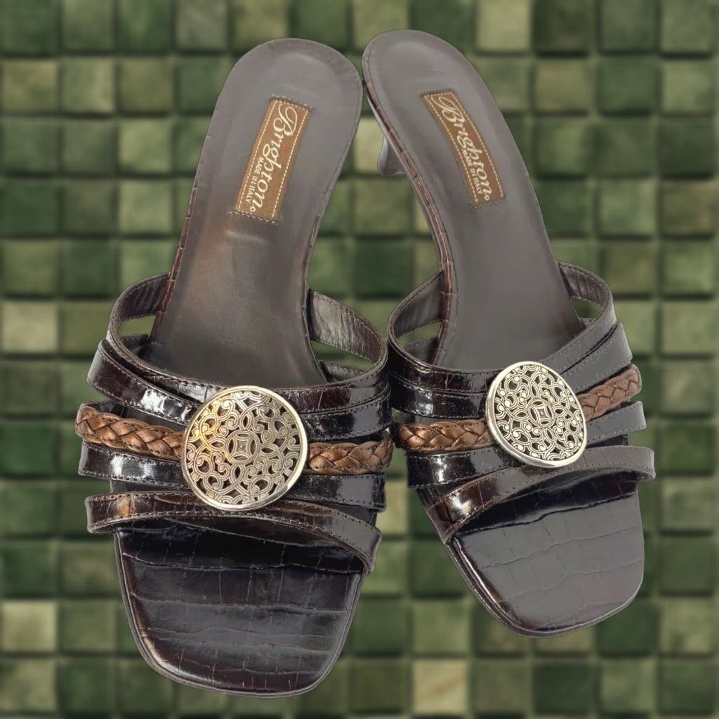 Brighton Women's Open Toe Sandal, Brown Leather, 2" Block Heel Shoes, Size 7.5M, Casual, Slip-On, Made In Italy