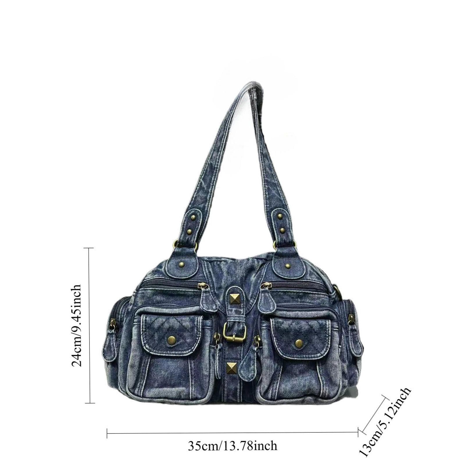 Vintage Black Vintage Style Denim Handbag with Multiple Pockets Size ONE SIZE - 5 Thumbnail