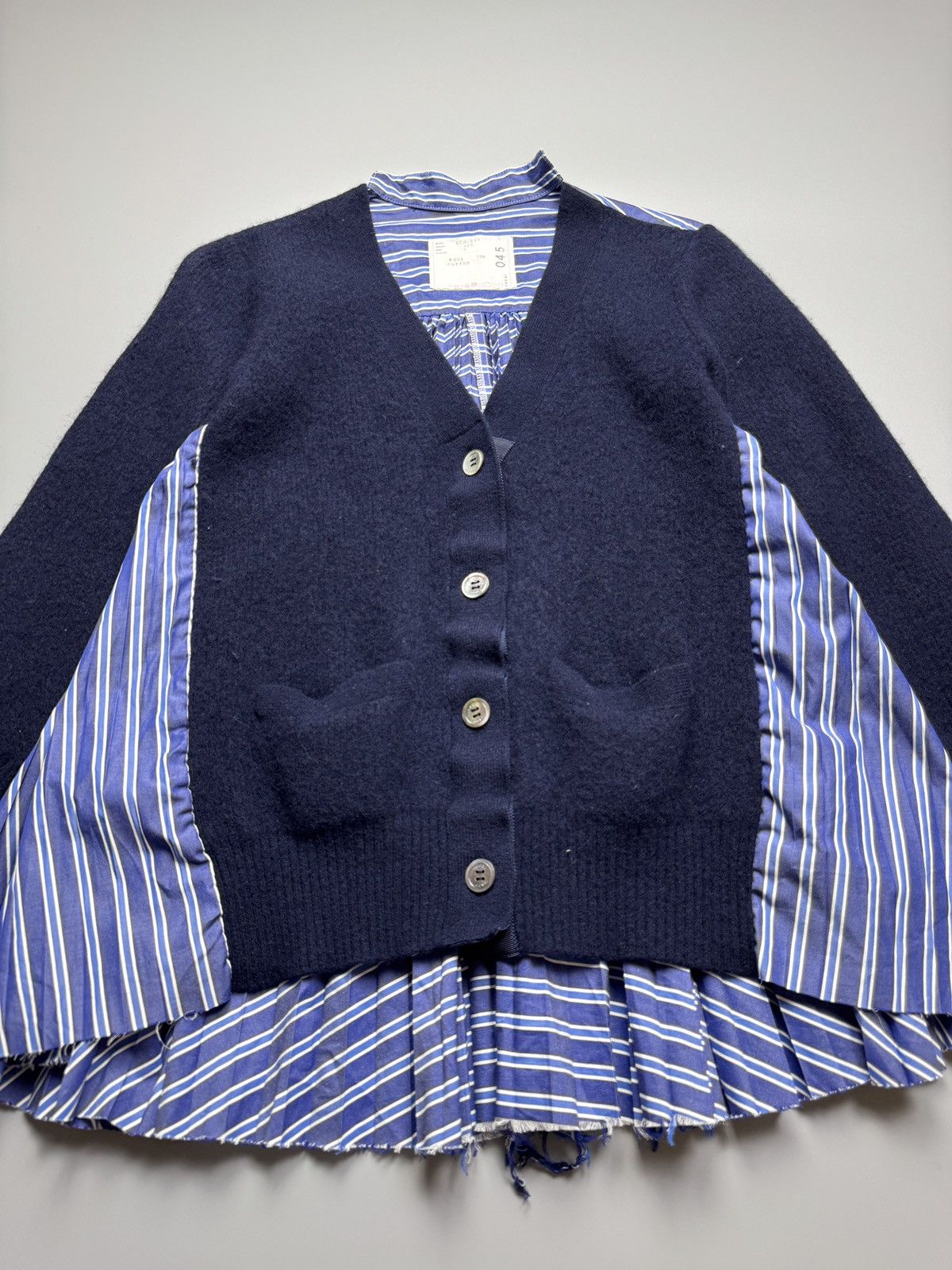 Sacai Sacai - Wool Knit Pleated Stripes Panelled Cardigan Size XS / US 0-2 / IT 36-38 - 6 Thumbnail
