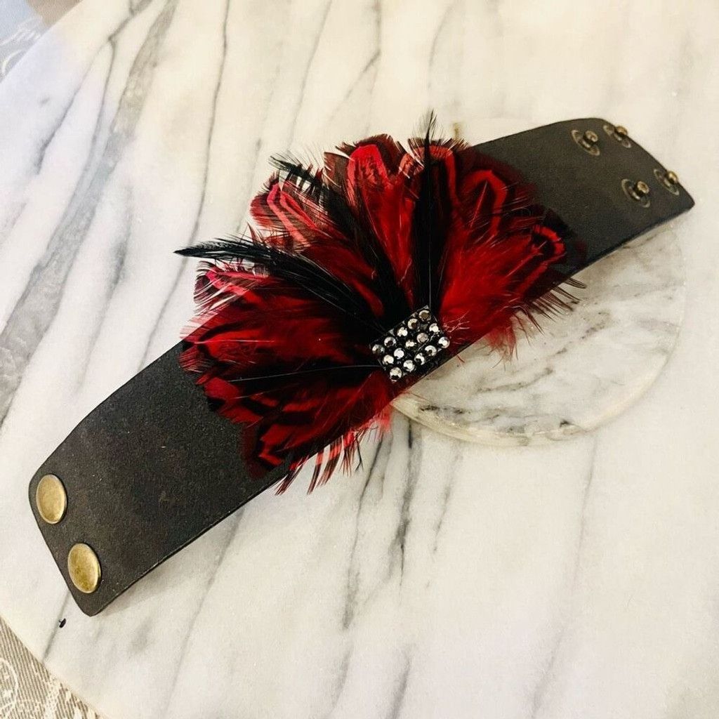Jewelry Feather Wrap Bracelet Red Black Vegan Leather Snap Closure Size ONE SIZE - 7 Thumbnail