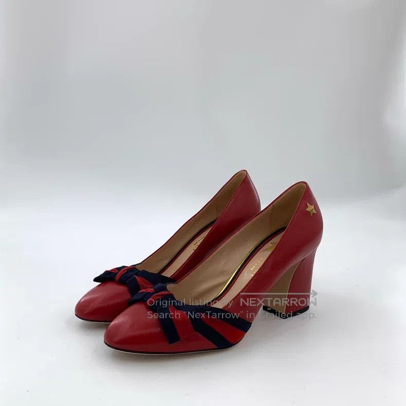 Gucci Gucci Red leather bow thick-heeled high-heeled shoes Size US 8.5 / IT 38.5 - 1 Thumbnail