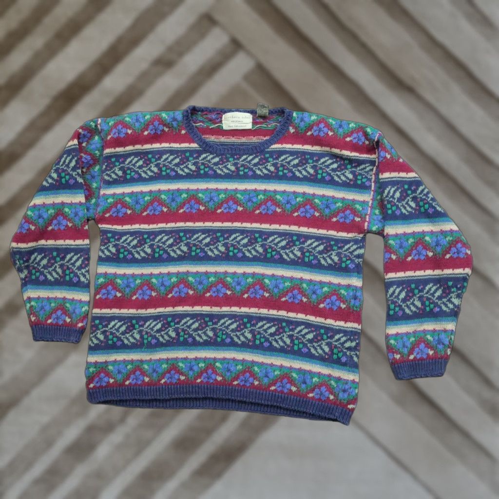 Vintage Vintage Northern Isles Sweater Womens Red Blue Floral Striped Cotton Ramie 90s Size XL / US 12-14 / IT 48-50 - 1 Thumbnail