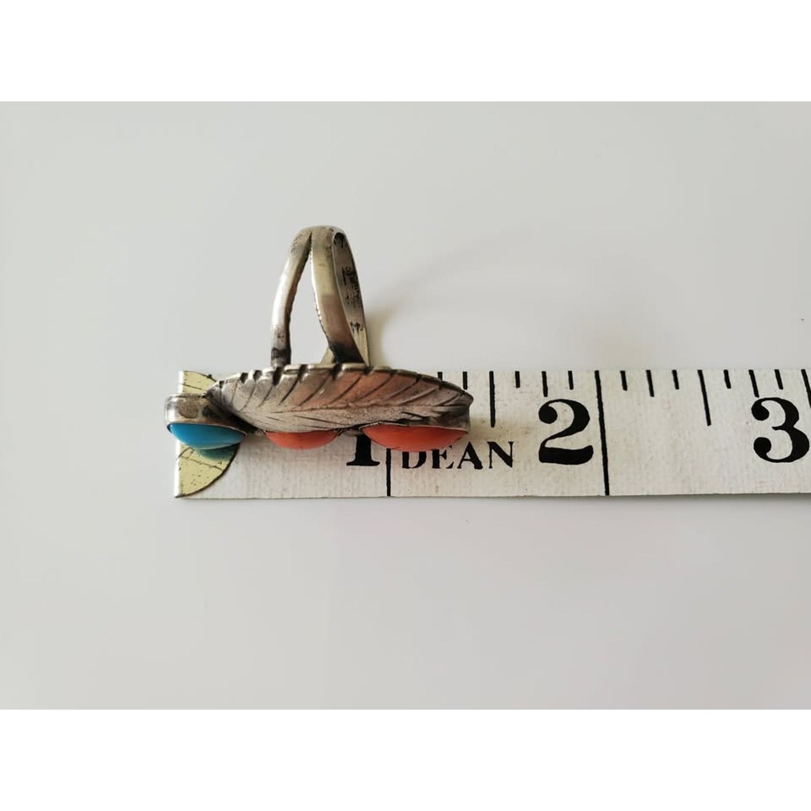Other Vintage Turquoise and Coral Leaf Sterling Silver Ring Size ONE SIZE - 5 Thumbnail