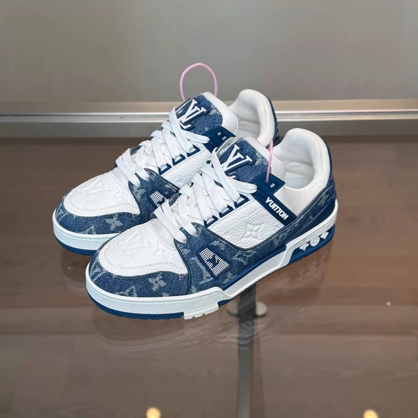Louis Vuitton LV Trainer White Blue Denim 37.5 99 Size US 7 / IT 37 - 1 Thumbnail