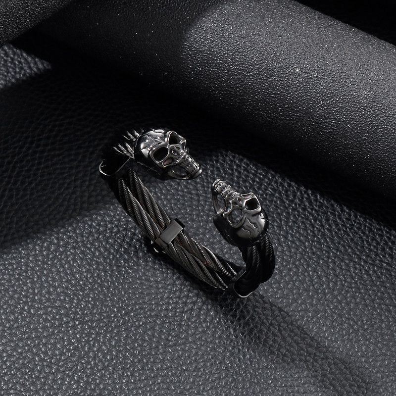 Jewelry Black Steel Skull Double Layer Cuff Bracelet Size ONE SIZE - 1 Thumbnail