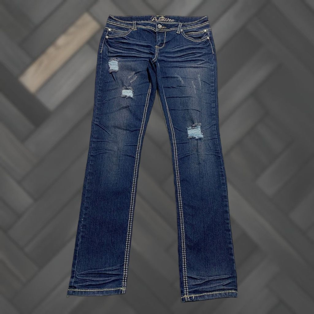 Vintage Premiere Womens Jeans 7/8 Dark Wash Distressed Embellished Rhinestone Whiskers Jeans Size 30" / US 8 / IT 44 - 1 Thumbnail