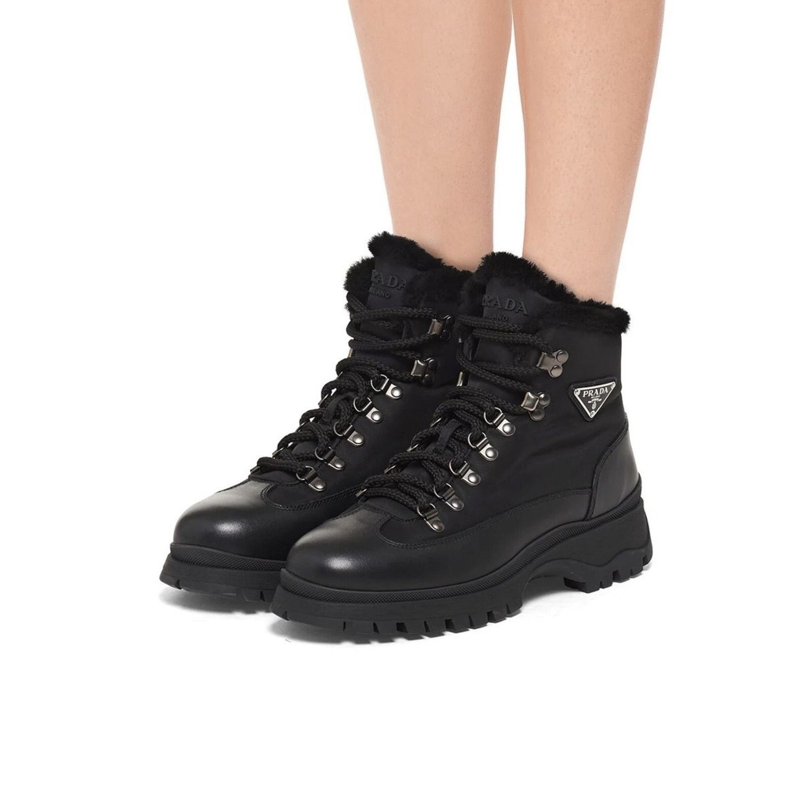 Prada Prada Brixxen 38 Black Shearling Leather Nylon Lug Sole Size US 10.5 / IT 40.5 - 5 Thumbnail