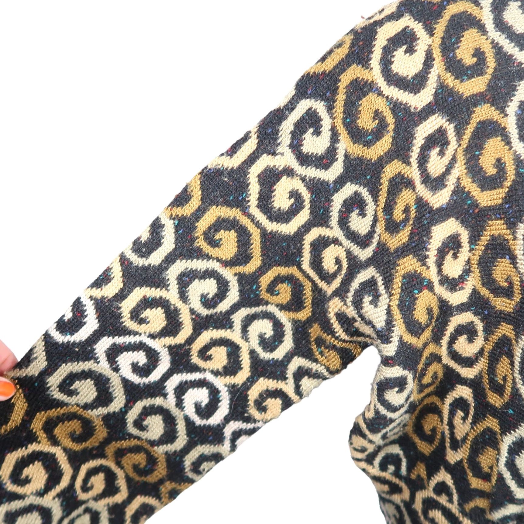 Nordstrom VINTAGE Nordstrom Gallery Cardigan Wool Silk Ballon Sleeve Black Tan Print S Women 80s Fall Winter Geometric Swirl Pattern Knit Size S / US 4 / IT 40 - 5 Thumbnail