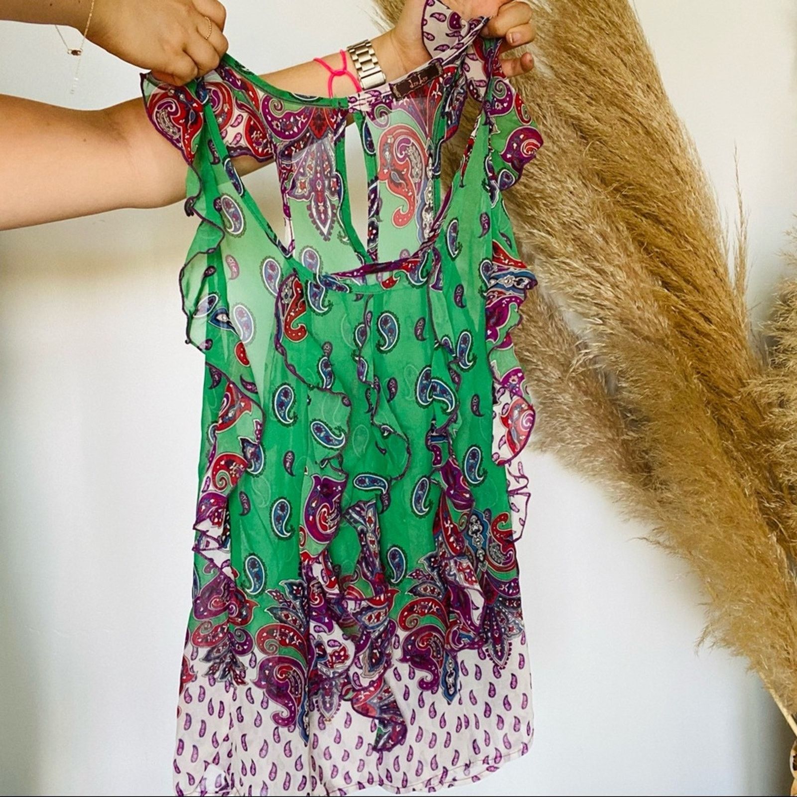 Vintage VINTAGE Green Purple White Ruffle Print Sheer Tank Blouse Size L / US 10 / IT 46 - 5 Thumbnail