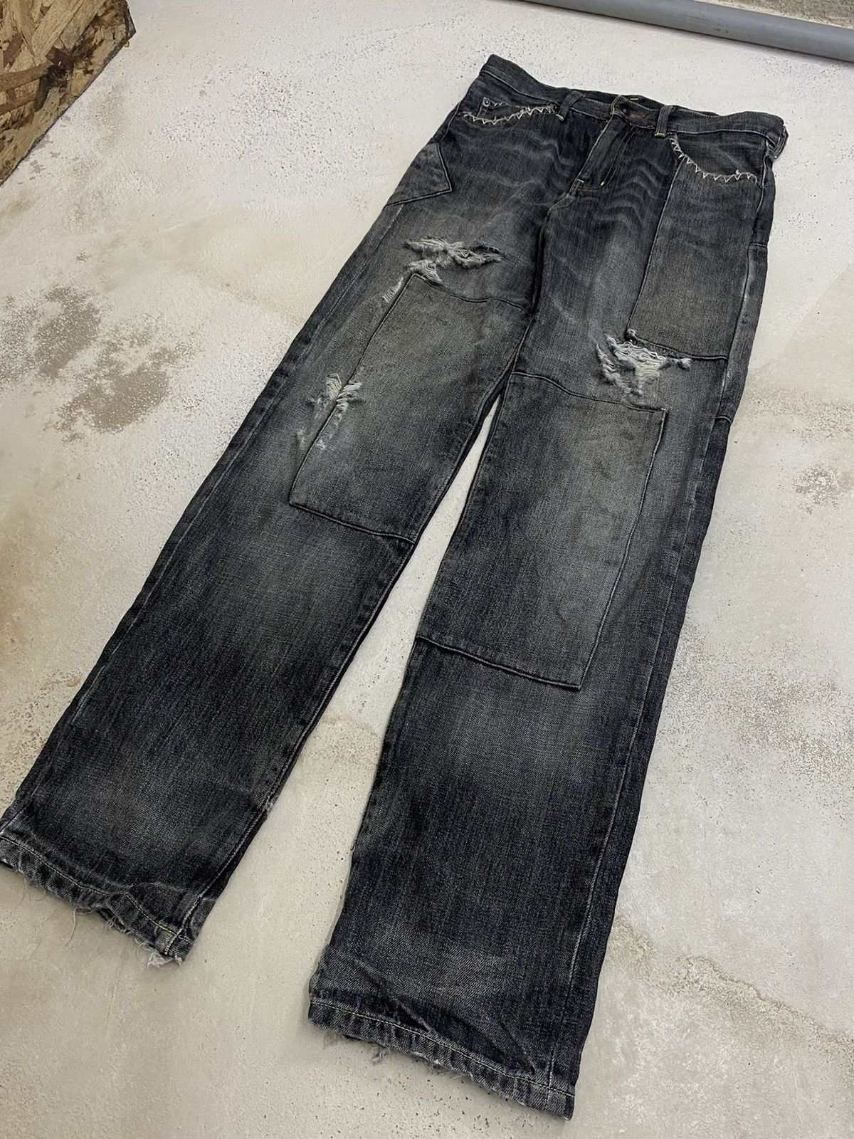 If Six Was Nine × Japanese Brand × Le Grande Bleu (L.G.B.) Uniqlo Edition Custom Patchwork Black Stone Washed Distress Size US 28 / EU 44 - 3 Thumbnail