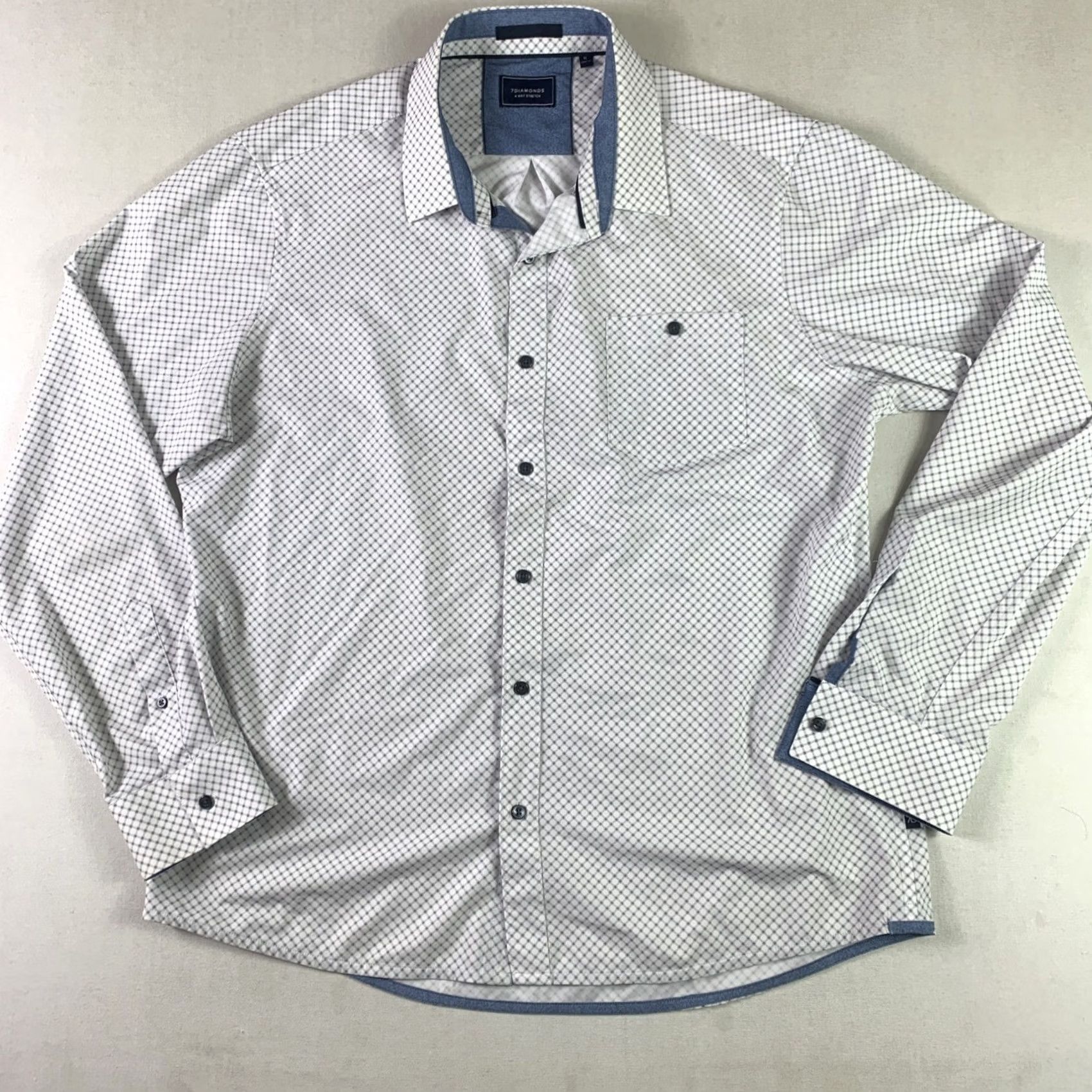Vintage 7 Diamonds Long Sleeve Shirt Mens XL 4 Way Stretch Button Up Collar White Blue Size US XL / EU 56 / 4 - 3 Thumbnail