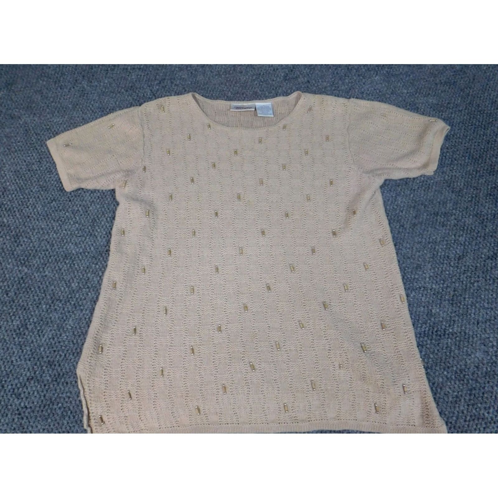 Worthington Worthington Womens Sweater Pullover Bell Sleeve Round Neck Short Sleeve Beige Knit Cotton Ramie Bow Button Petite Ladies Womens Size L / US 10 / IT 46 - 2 Thumbnail