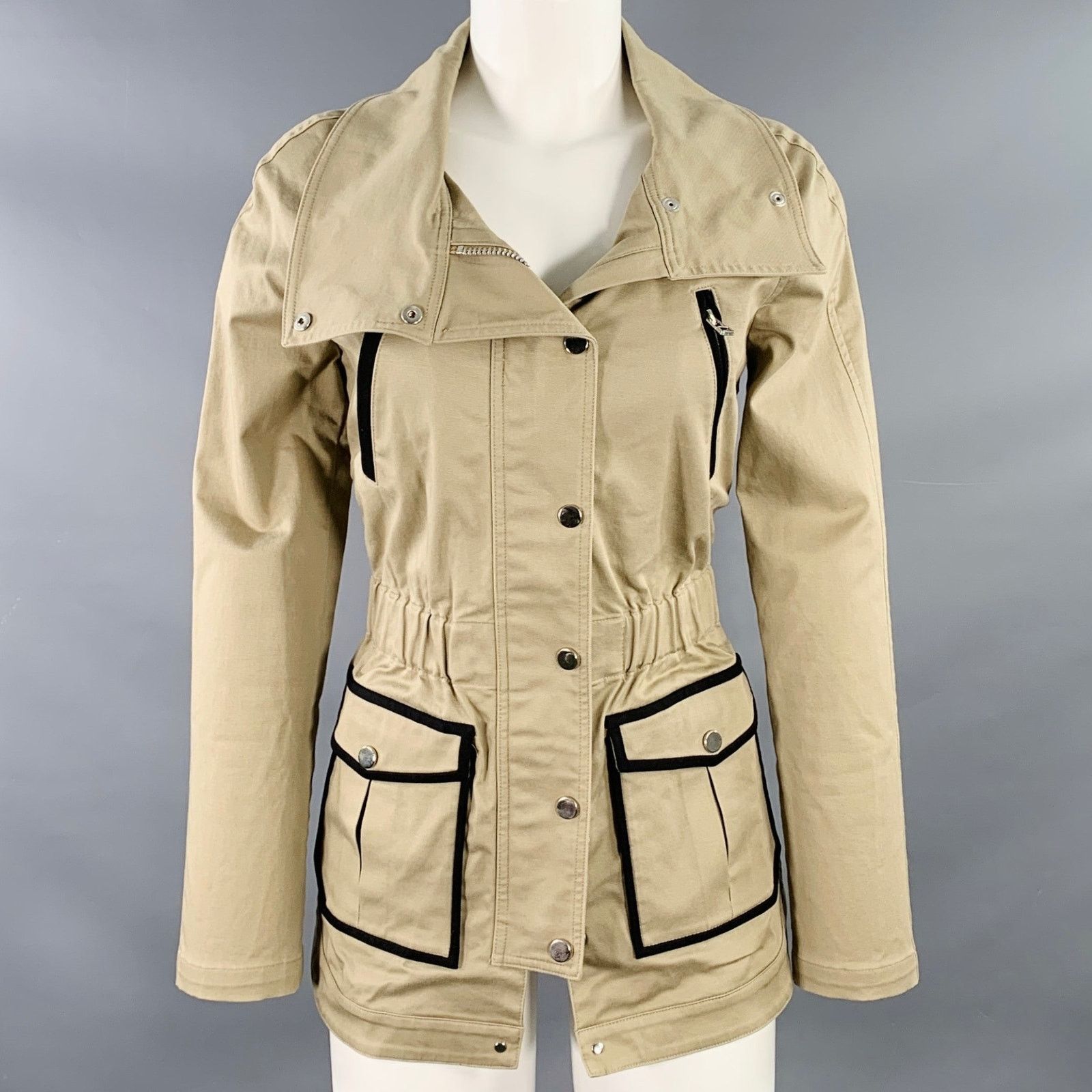 Veronica Beard Tan Black Cotton Blend Contrast Trim Zip Snaps Twill Jacket Size S / US 4 / IT 40 - 1 Thumbnail