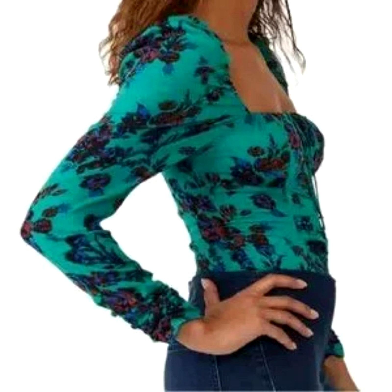 Free People Free People Hilary Floral Printed Low Square Back Top Teal M Size M / US 6-8 / IT 42-44 - 4 Thumbnail