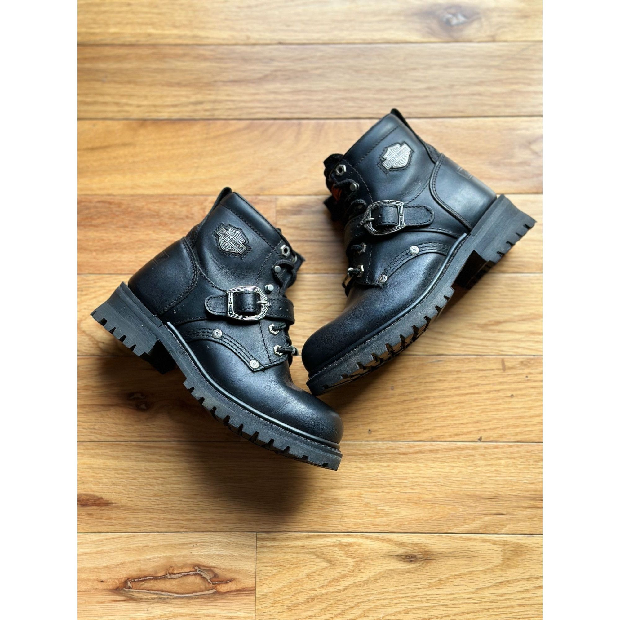 Harley Davidson Y2K HARLEY DAVIDSON WOMEN'S BLACK LEATHER BUCKLE MOTORCYCLE Size US 7.5 / IT 37.5 - 1 Thumbnail