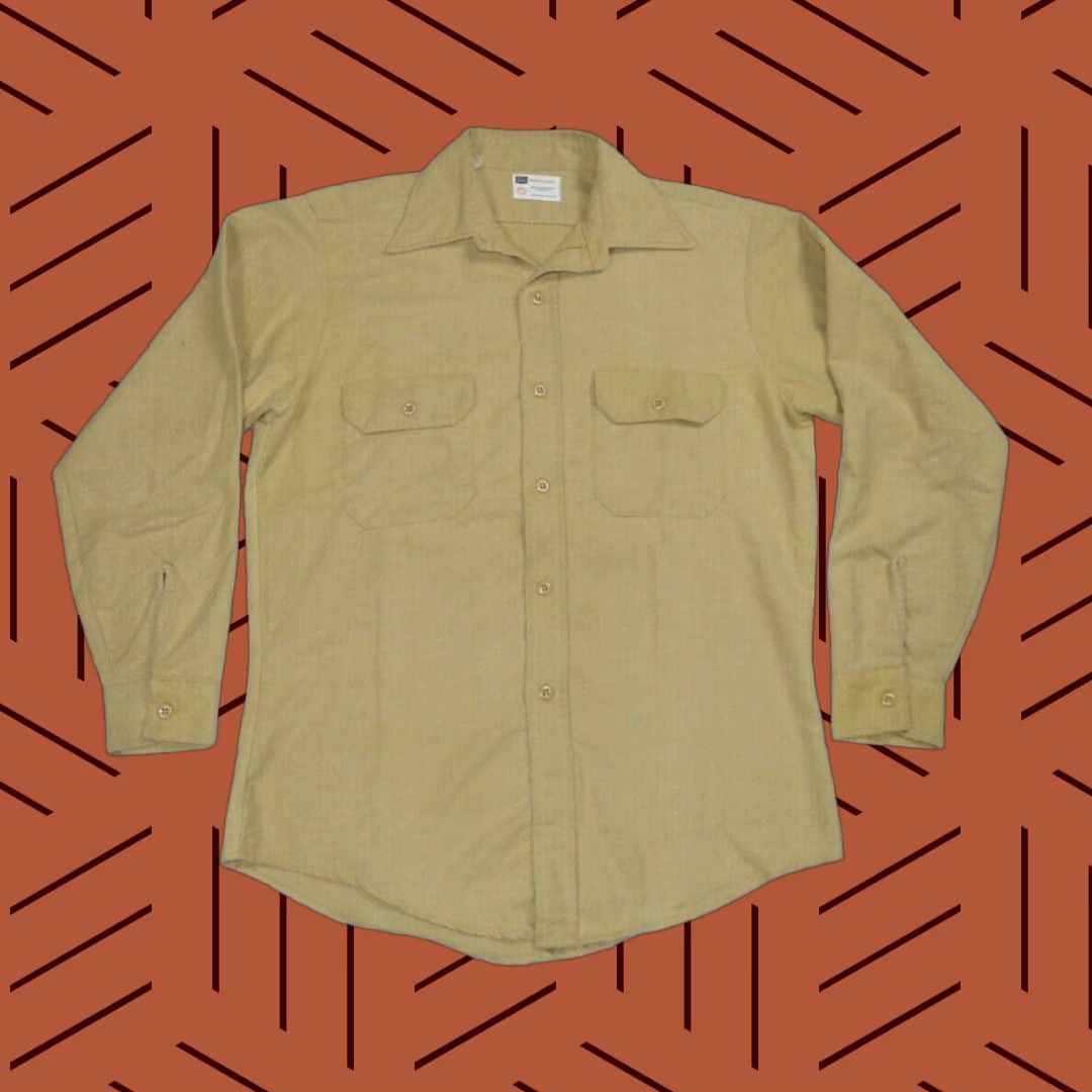 VINTAGE Sears Perma Prest Tan Flannel Chamois Work Shirt Adult Large TAN 1960s Mens Button-Front Vintage Workwear