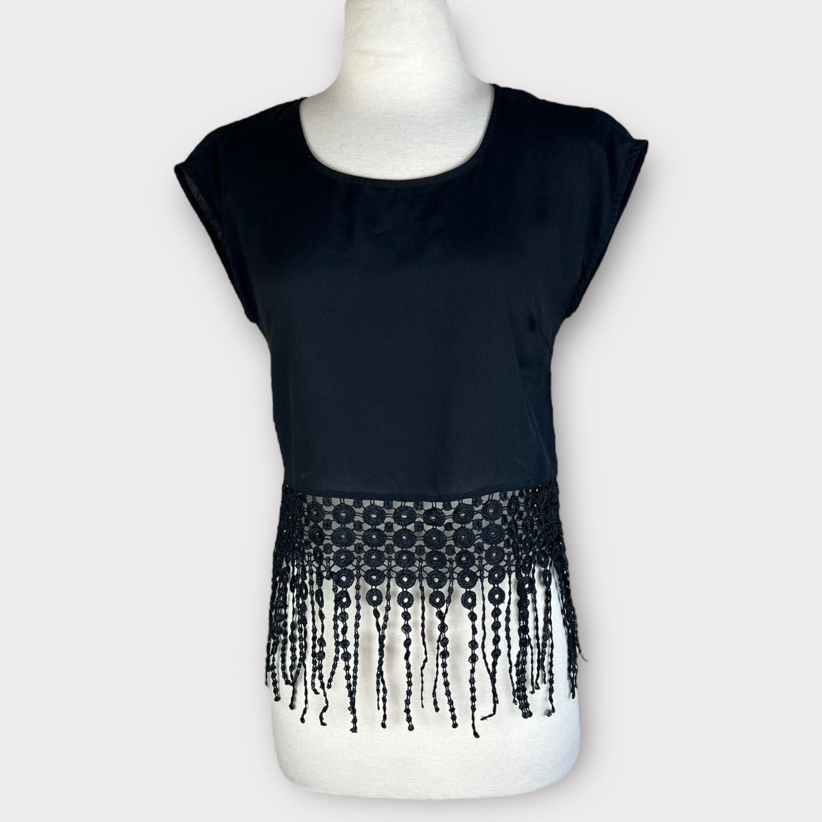 Nordstrom Monteau | Black Fringe Boho Short Sleeves Blouse I XS Size XS / US 0-2 / IT 36-38 - 8 Thumbnail
