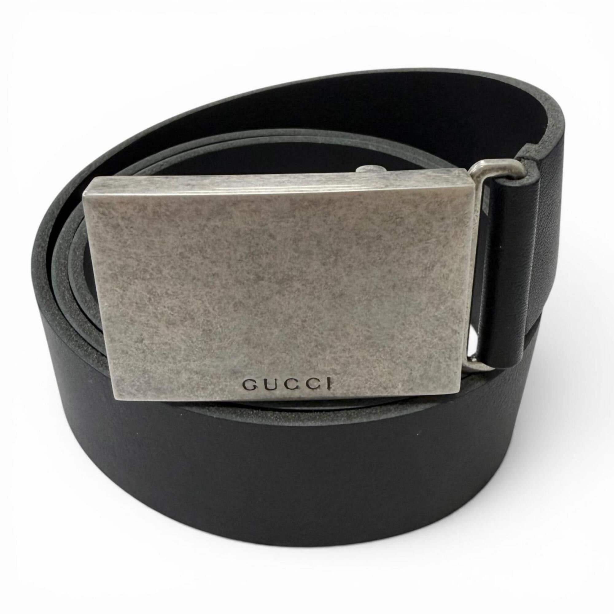 Gucci GUCCI 835193 Logo Buckle Antique Leather Belt, Silver and Black, Made in Italy, Size 90 36, Men's/Women's Size ONE SIZE - 1 Thumbnail