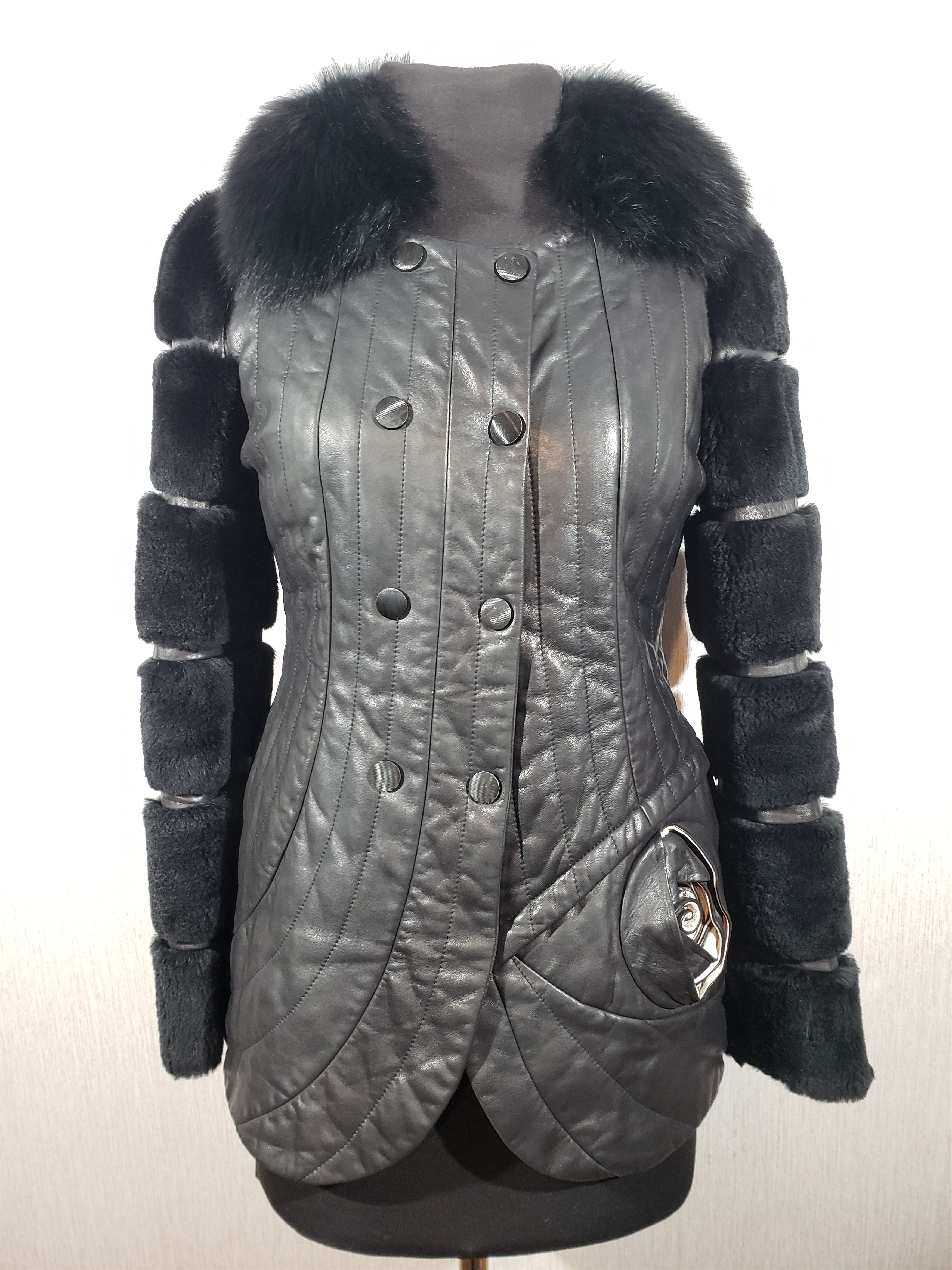 Black women's leather jacket with fur