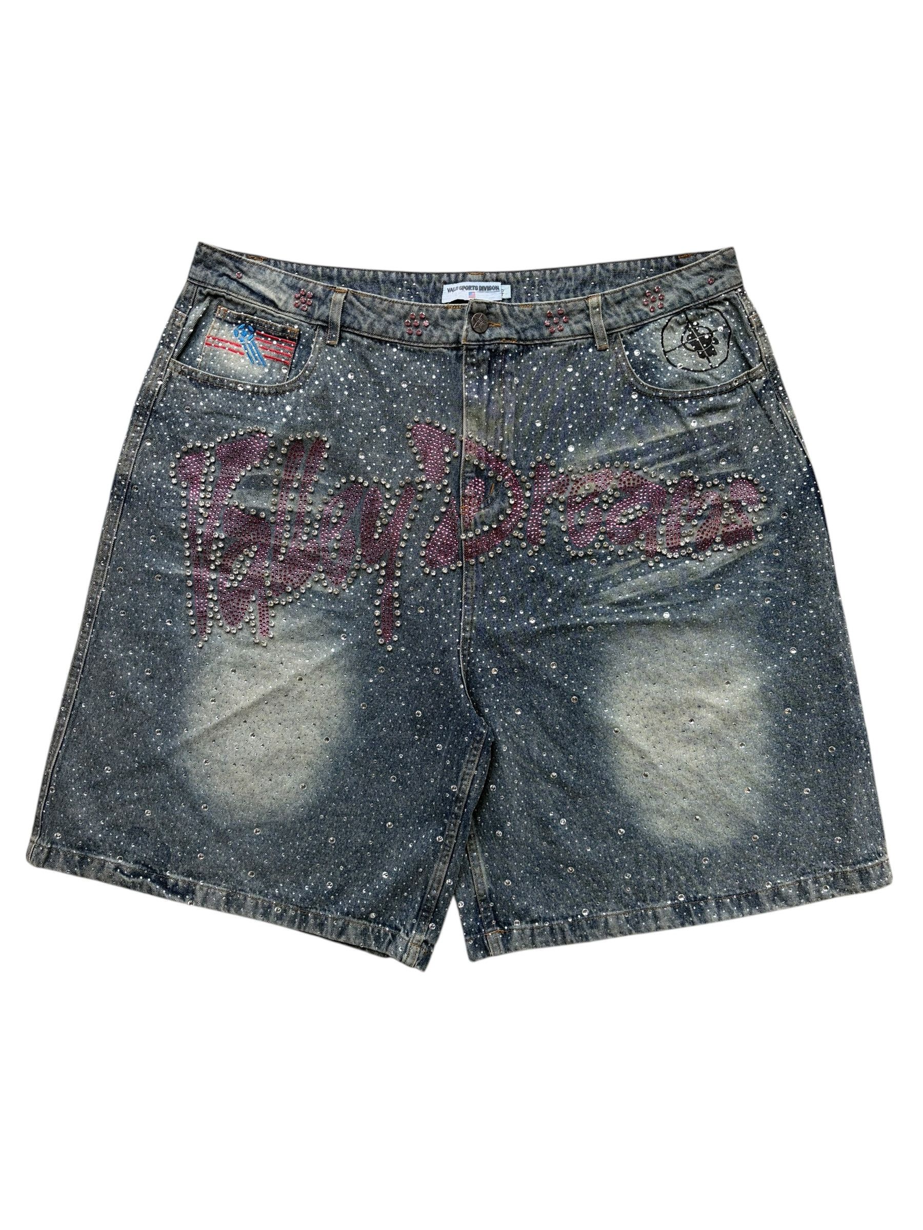 Vale Vale Forever Blue & Purple Rainstorm Rhinestone Logo Jorts Size US 40 / EU 56 - 1 Thumbnail