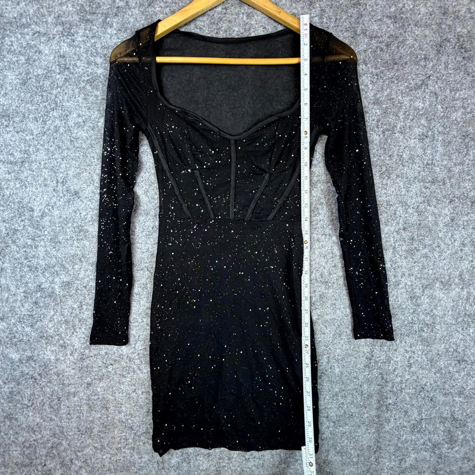 Shein Bling Bodycon Dress Women 2 Black Sparkle Sheer Corset NYE Size XS / US 0-2 / IT 36-38 - 3 Thumbnail