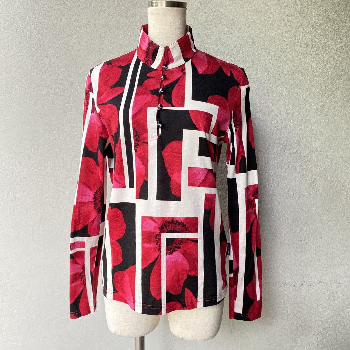 LANVIN Red Floral Block Print Blouse with Button Neck