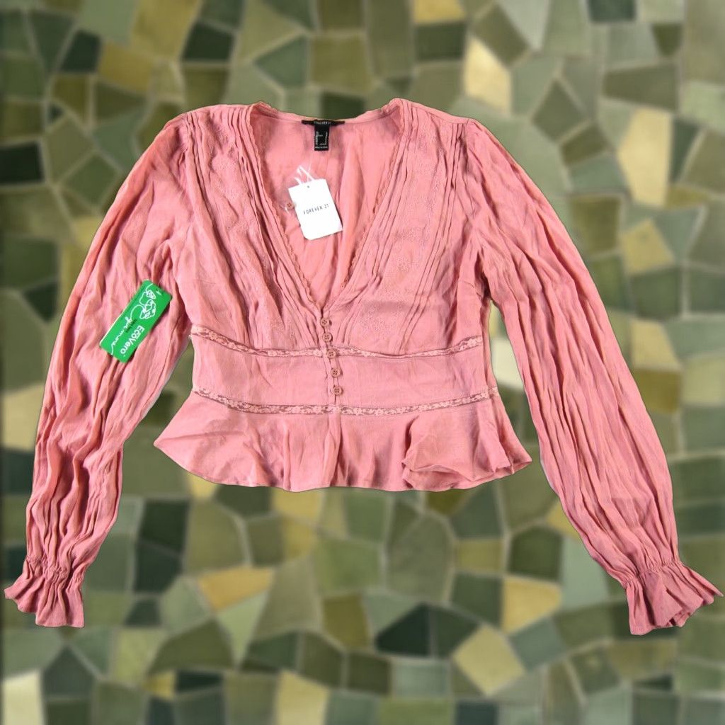Forever 21 FOREVER 21 Blouse NWT Pink Blush Rayon Embroidered V-Neck Long Sleeve Crop Large Size L / US 10 / IT 46 - 1 Thumbnail