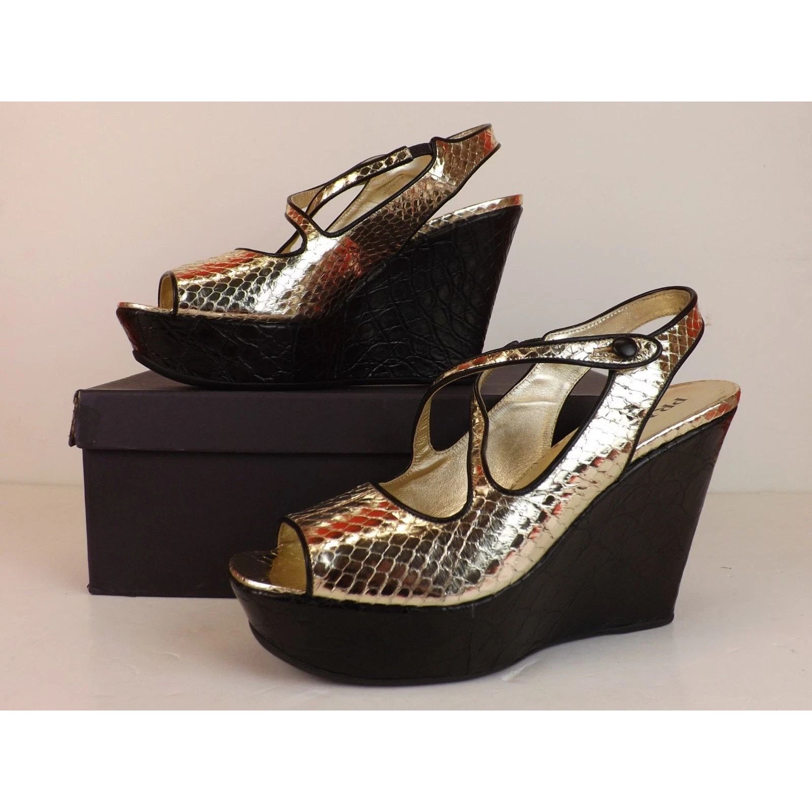 Prada PRADA 1K73 LITE GOLD SNAKE PRINT LEATHER PLATFORM SANDALS 40 Size US 10 / IT 40 - 1 Thumbnail