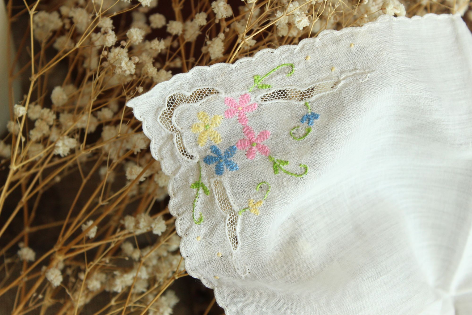 Vintage Vintage Handkerchief, Pink Blue and Yellow Flower Embroidery Size ONE SIZE - 7 Thumbnail