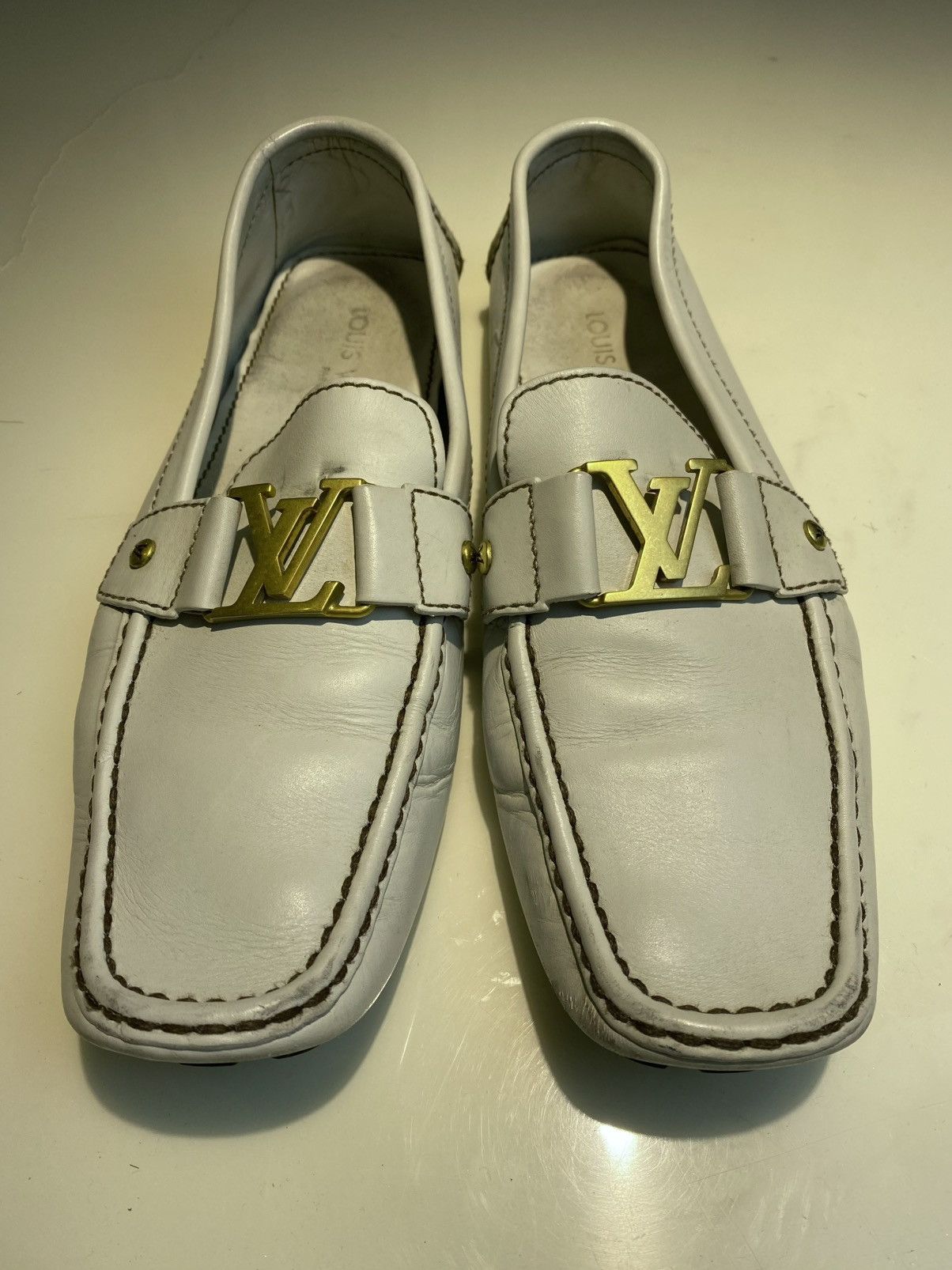 Louis Vuitton Monte Carlo LV Logo Moccasins White Leather Size US 11 / EU 44 - 2 Thumbnail