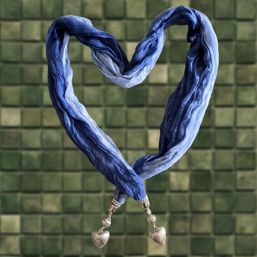 Vintage VINTAGE Blue Ombre Scarf with Heart Charms Scarf Women Adult 69in Blue Heart Charms Fall Spring Summer Winter art love cottagecore fairycore Size ONE SIZE - 1 Thumbnail