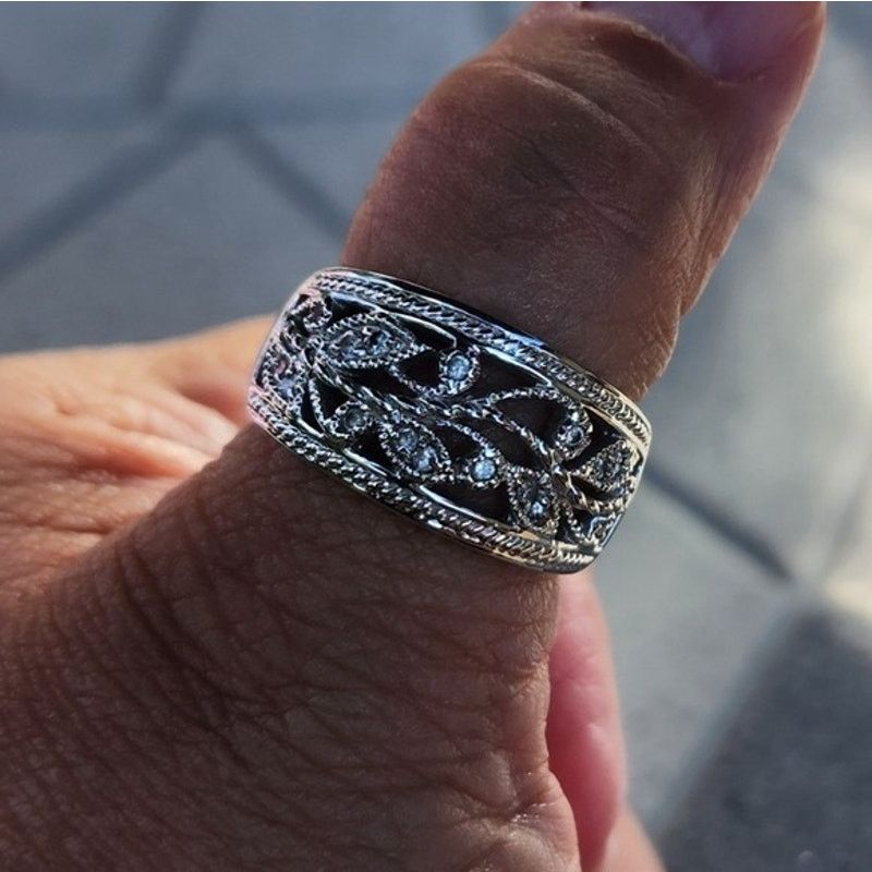 Designer RSC Silver Filigree Vine Floral Crystal Openwork Dome Ring Size ONE SIZE - 9 Thumbnail