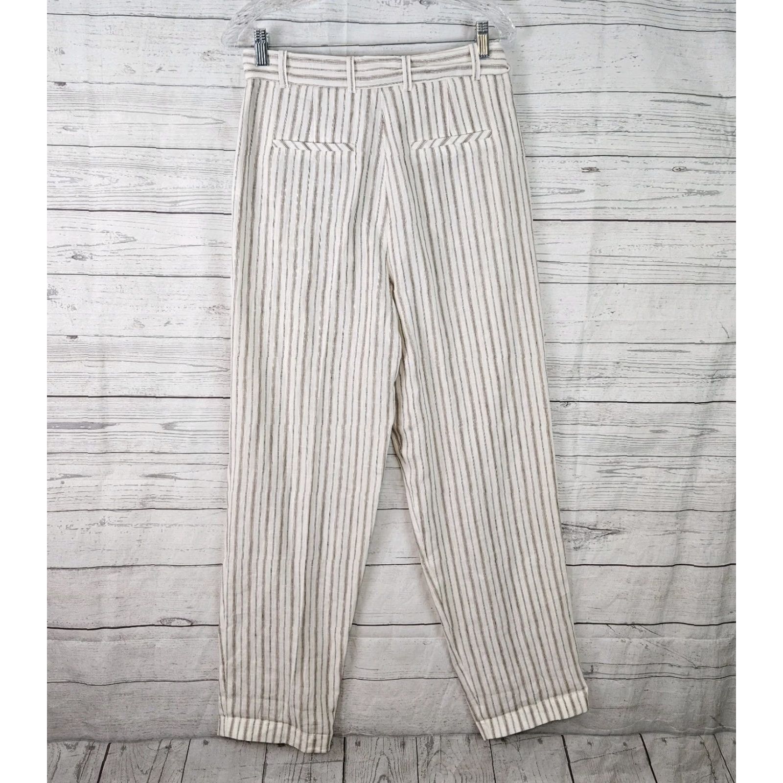 Vintage Caroll Paris Womens Linen Pants Sz 38 White Brown Striped High Rise Belted Linen Pants Women 38 Striped High Rise Belted Size 26" / US 2 / IT 38 - 3 Thumbnail