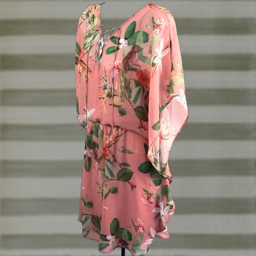 Express Express Pink Floral Chiffon Mini Dress M Short Sleeve V-Neck Lace Up Beach Hippie Tropical Girls Womens Dress Size M / US 6-8 / IT 42-44 - 1 Thumbnail