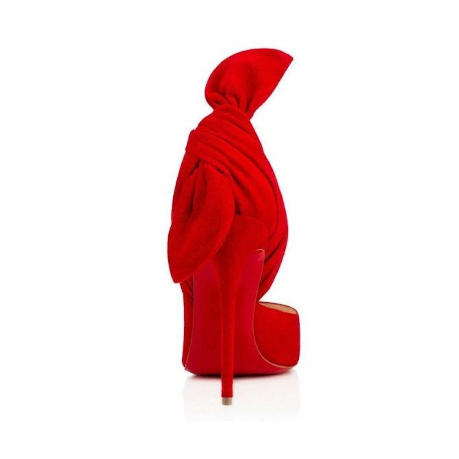 Christian Louboutin Barbara 100 Oeillet Red Suede Peep Toe Bow Heel Pump 39.5 Size US 9.5 / IT 39.5 - 9 Thumbnail