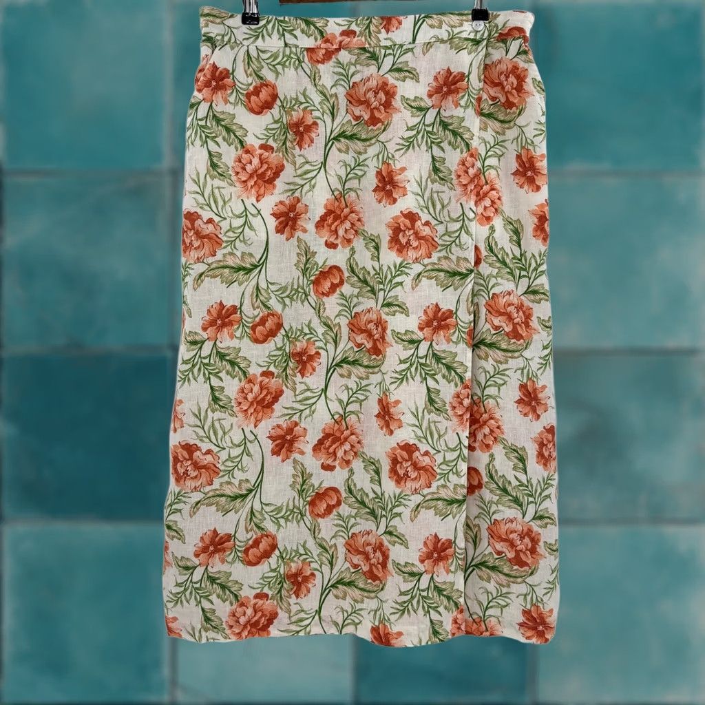 Joie VINTAGE Joie Skirt, Linen, Midi, Floral, White, XL, Pockets, Wrap, Bohemian, Coastal, Summer, Womens Size 40" / US 18 - 1 Thumbnail