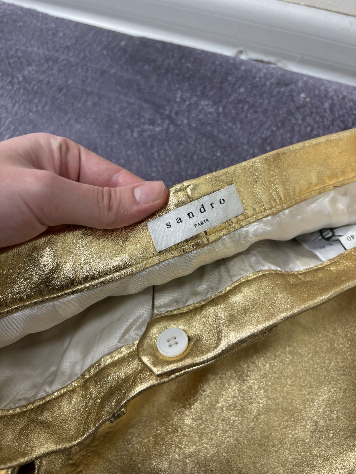 Sandro Sandro Paris NWT Women’s Metallic Gold Lamb Leather Pants Size 30" / US 8 / IT 44 - 9 Thumbnail