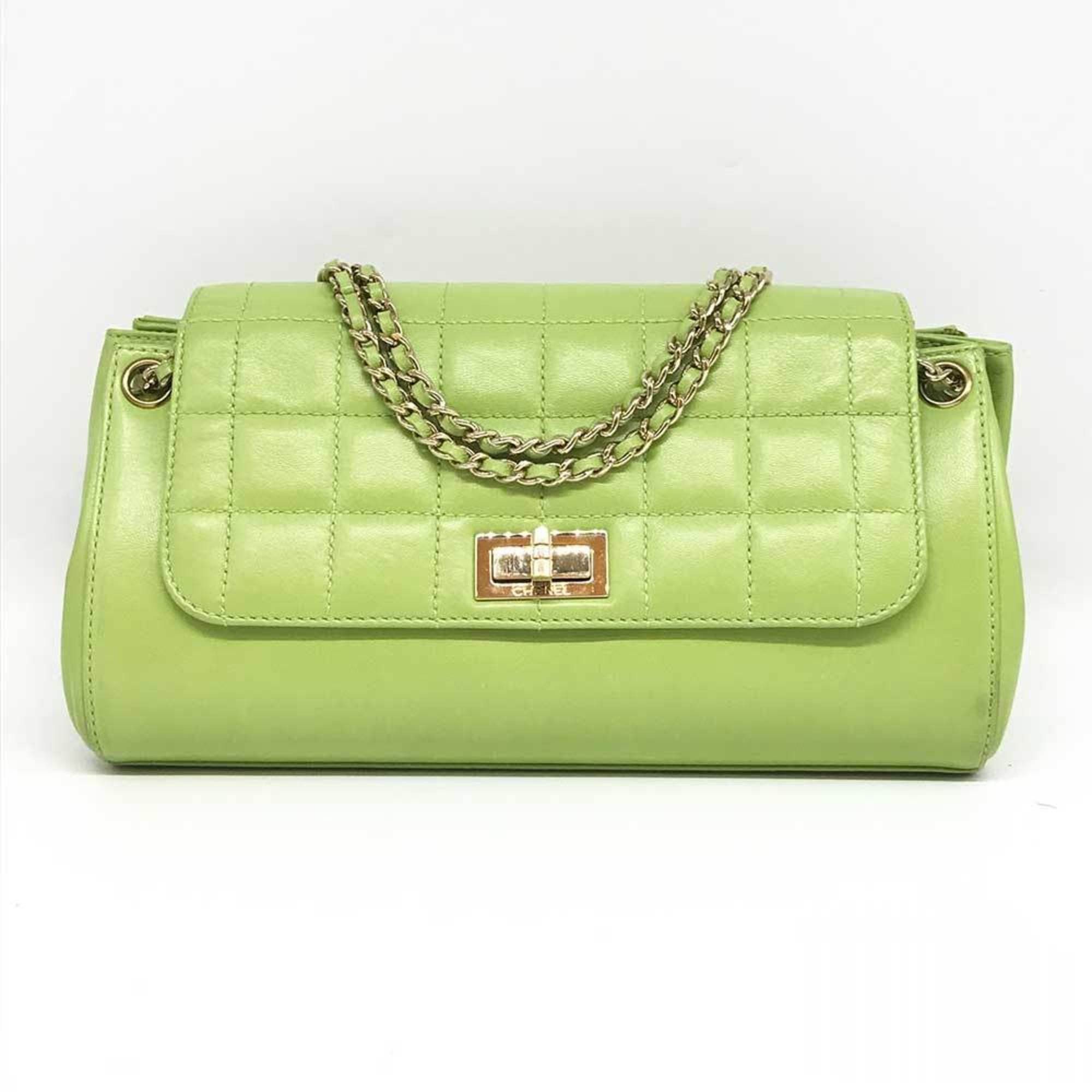 image of Chanel Chain Shoulder Bag Green Chocolate Bar Leather Chanel, Women's