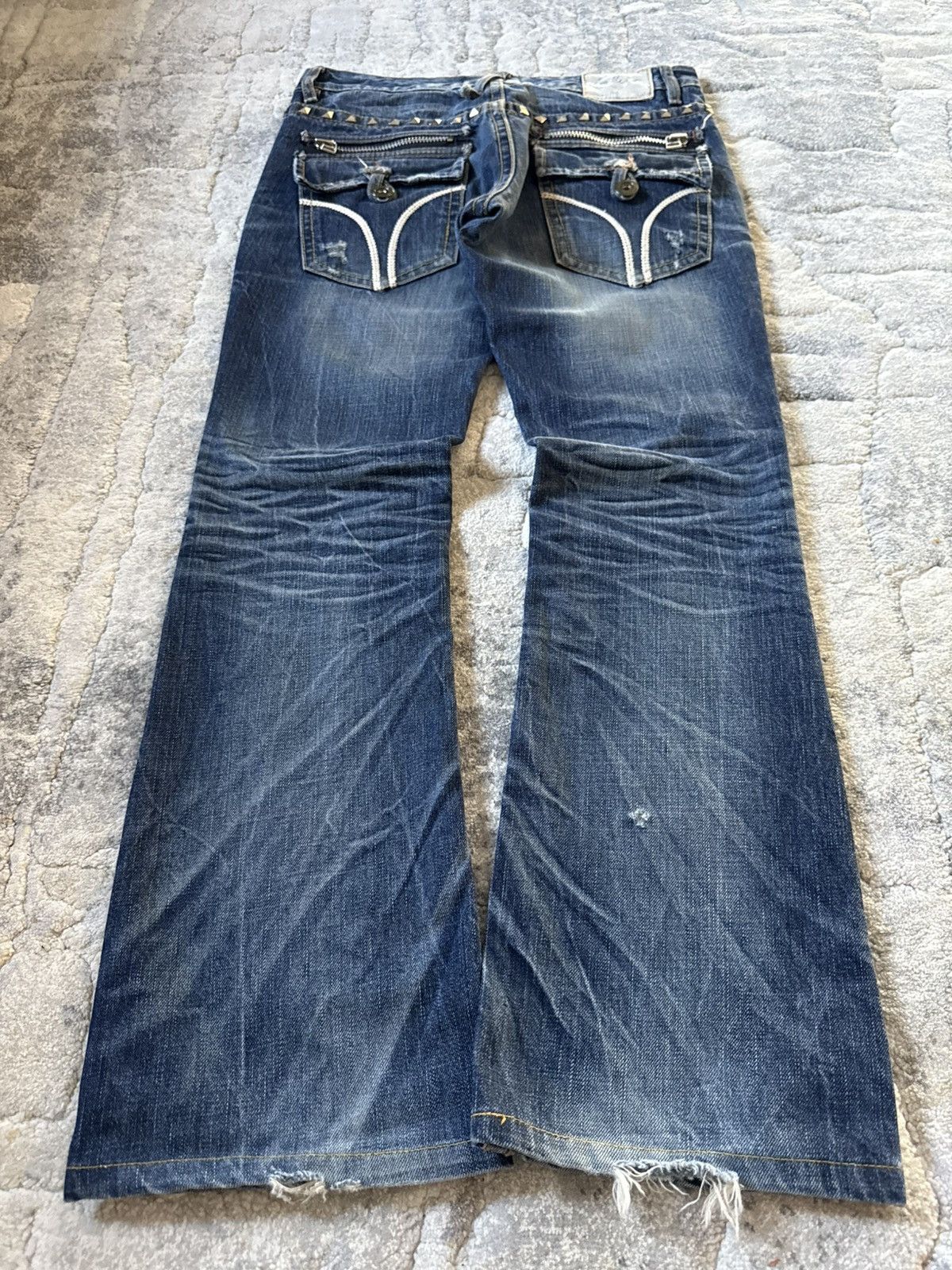 If Six Was Nine 2000s Lolita Japan Studded Pyramid Whiskers Flared Jeans Size US 30 / EU 46 - 2 Thumbnail
