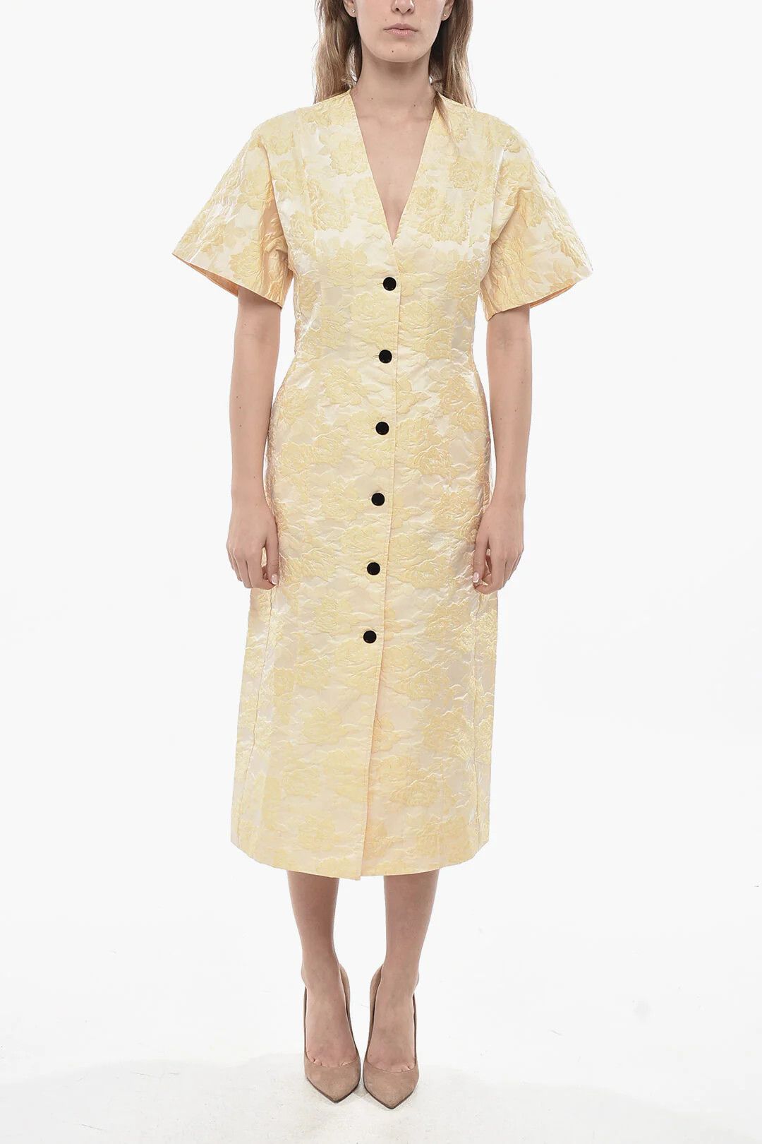 Ganni og1mm0426 Jacquard Short-Sleeved Shirt Dress in Yellow Size M / US 6-8 / IT 42-44 - 1 Thumbnail