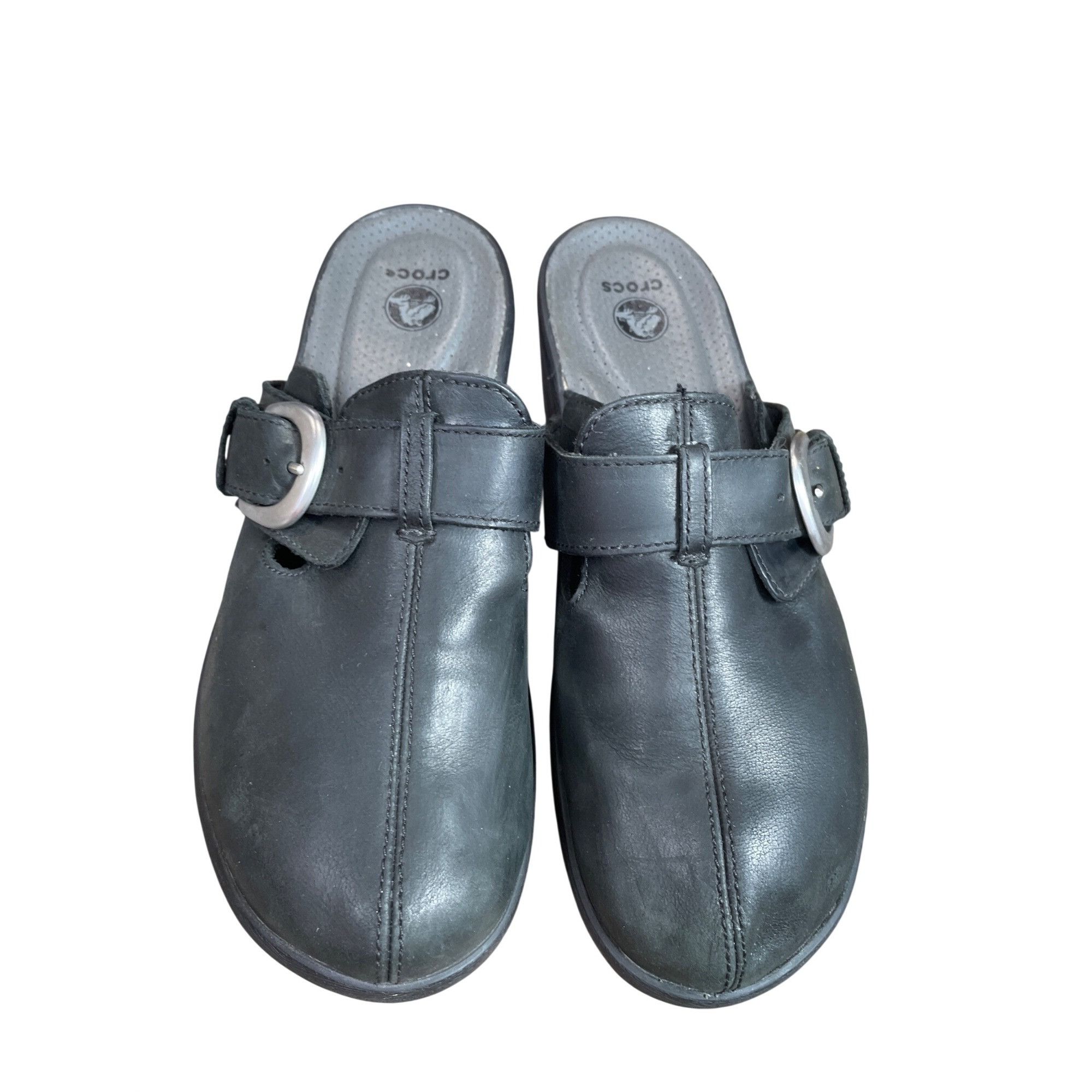 Crocs Crocs womans black leather slip on clogs mules Sz 9 SKU 9725 Size US 9 / IT 39 - 20 Thumbnail