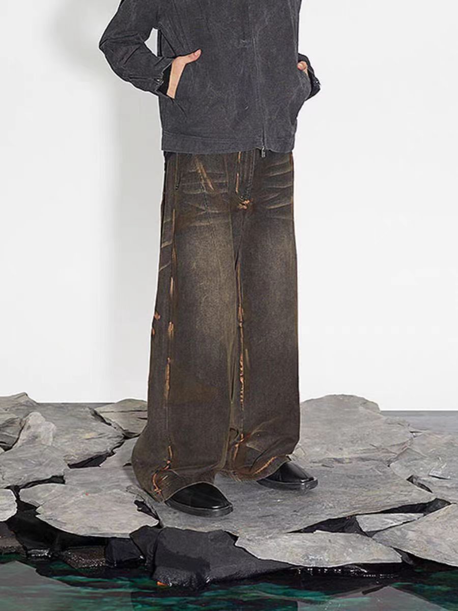 Streetwear heavy washed distressed rust baggy jeans