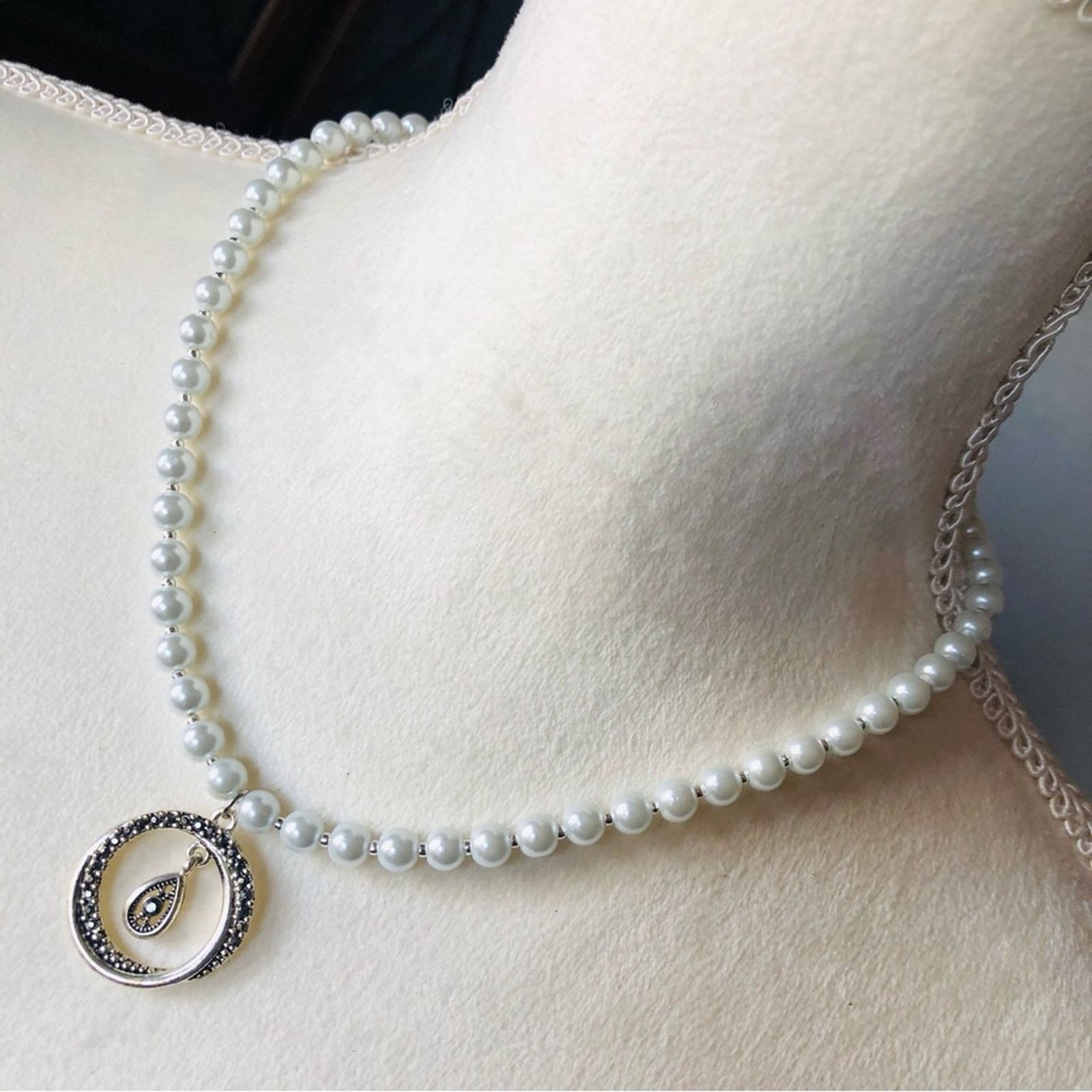 Handmade Handcrafted repurpose genuine marcasite glass Pearl necklace Size ONE SIZE - 1 Thumbnail
