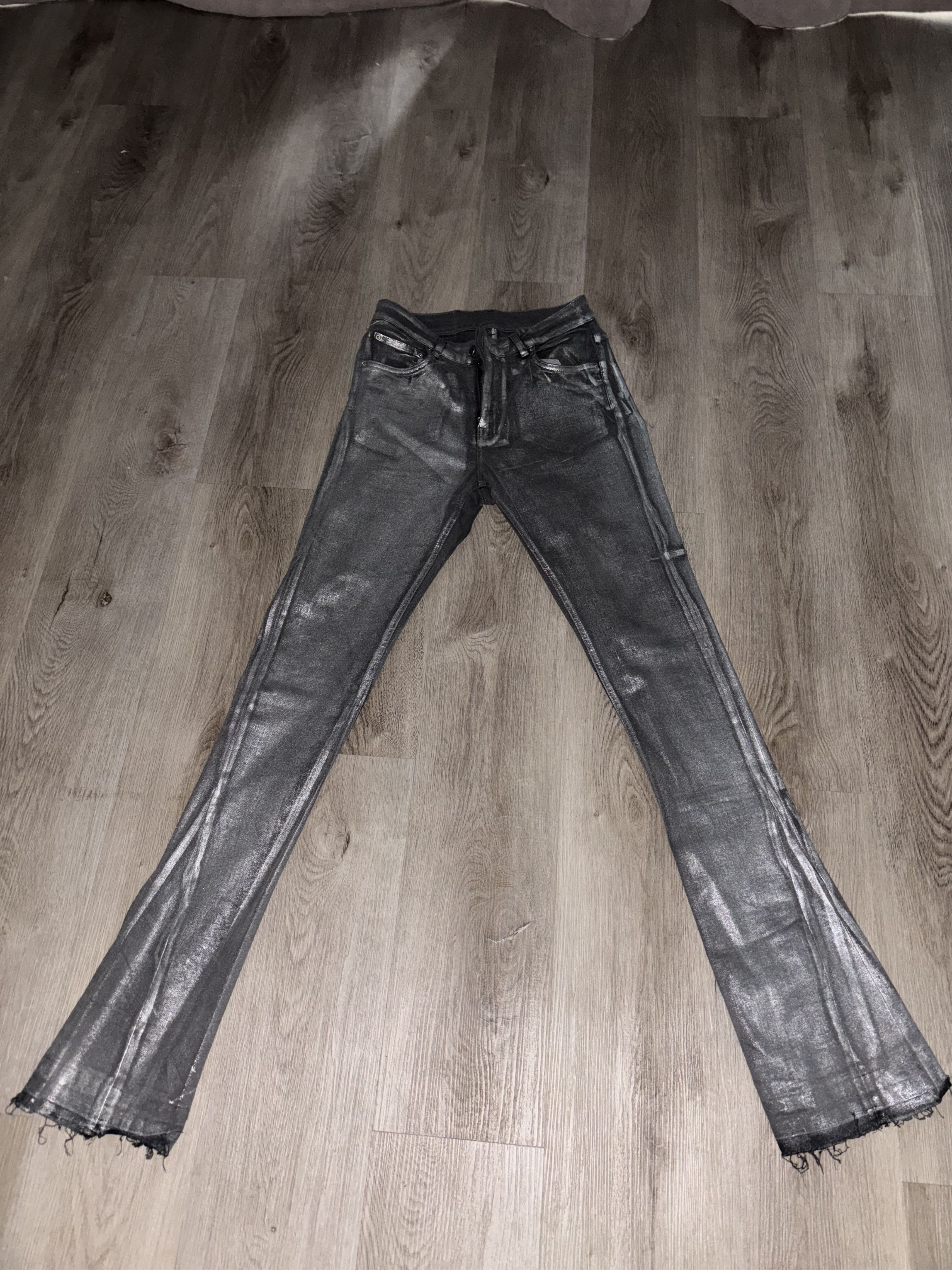 Image of Designer Flaneur Flared Silver Waxed Coated Jeans, Men's (Size 30)